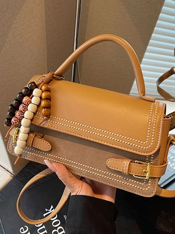 Petit Sac Carré en Cuir PU Rétro pour Femmes Sac à Main Minimaliste Charme de Perles Vintage Sac à Bandoulière