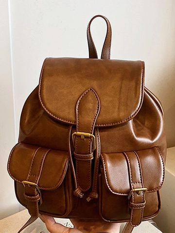 Vintage PU Leather Backpack For Women Fashion Preppy Style Small School Bag With Multi Pockets Commuter Travel Rucksack