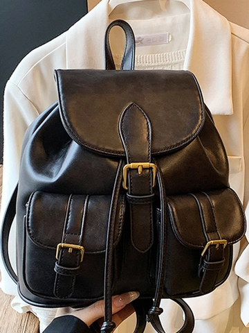 Vintage PU Leather Backpack For Women Fashion Preppy Style Small School Bag With Multi Pockets Commuter Travel Rucksack