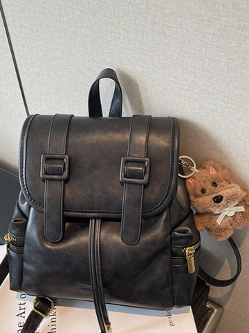 Women's PU Leather Vintage Backpack High Capacity School Bag Preppy Style Travel Backpack With Plush Charm Flap Solid Color