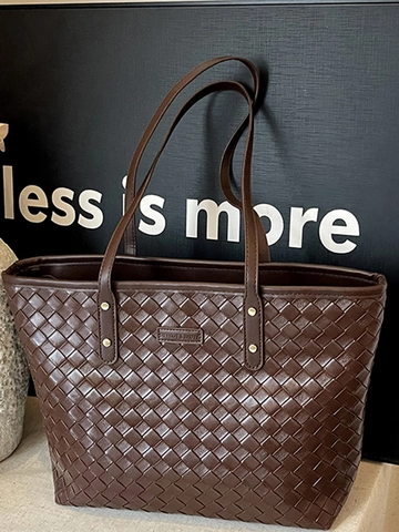Large Capacity Woven Tote Bag PU Leather Shoulder Bag For Women Vintage Urban Minimalist Commuter Handbag Solid Color Top Handle Bag