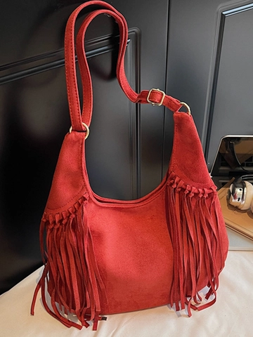 Women Faux Suede Tassel Hobo Bag Large Capacity Bohemian Fringe Shoulder Bag Retro Solid Color Underarm Crossbody Bag