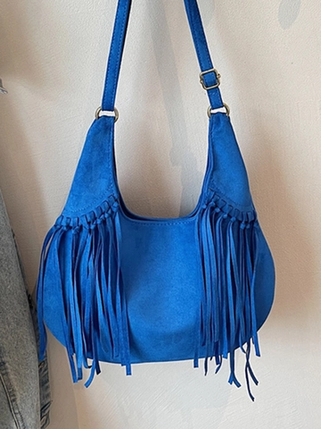 Women Faux Suede Tassel Hobo Bag Large Capacity Bohemian Fringe Shoulder Bag Retro Solid Color Underarm Crossbody Bag