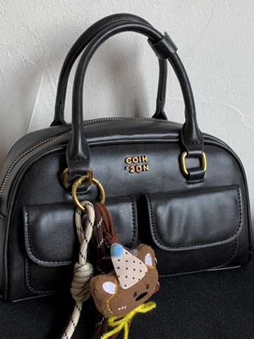 Women Vintage PU Leather Boston Handbag Retro Shoulder Bag With Bear Pendant Daily Casual Crossbody Bag Square Doctor Purse