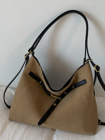 Bolso Tote Vintage de Gran Capacidad para Mujer Cuero PU Efecto Ante Bolso de Hombro Retro Color Sólido Bandolera de Viaje