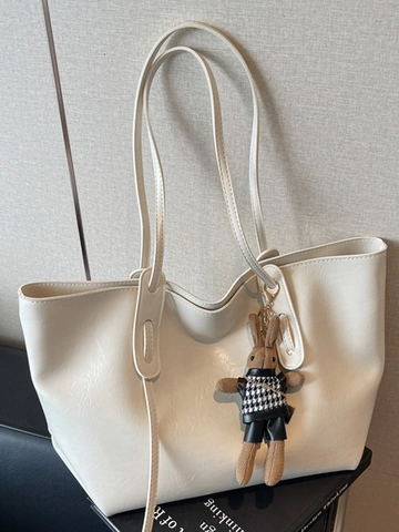 Bolso Tote de Cuero PU de Gran Capacidad para Mujer Con Lindo Colgante de Conejo Estilo Urbano Simple Bolso de Hombro para Trabajo Diario Escuela