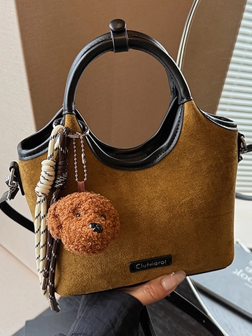 Borsa a Spalla da Donna in PU e Scamosciato Patchwork Borsa a Mano Vintage Con Ciondolo a Cane Borsa a Secchiello Urbana