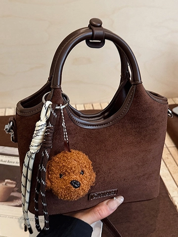 Borsa a Spalla da Donna in PU e Scamosciato Patchwork Borsa a Mano Vintage Con Ciondolo a Cane Borsa a Secchiello Urbana