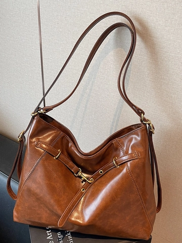 Vintage Large Capacity PU Leather Shoulder Bag For Women Retro Solid Color Tote Bag With Adjustable Strap Commuting Handbag