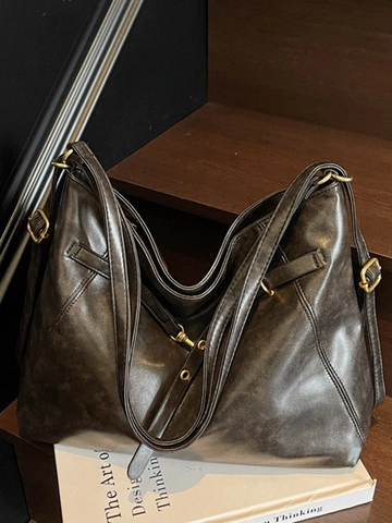 Vintage Large Capacity PU Leather Shoulder Bag For Women Retro Solid Color Tote Bag With Adjustable Strap Commuting Handbag