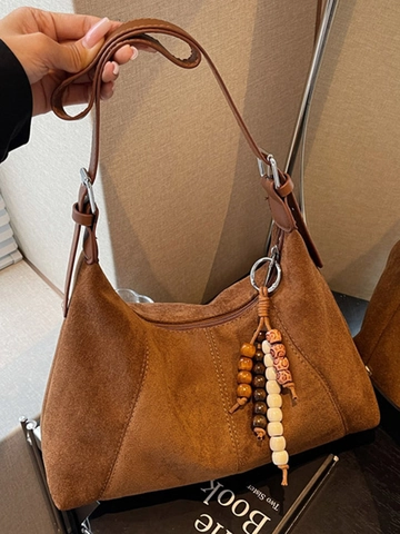 Borsa Hobo da Donna in Pelle PU Smerigliata Retro Con Ciondolo in Perle di Legno Moda Autunno Inverno Borsa a Spalla