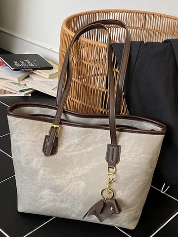 Vintage Large Capacity Tote Bag For Women PU Leather Marble Texture Contrast Color Animal Pendant Shoulder Bag For Commute