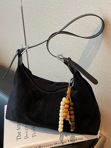 Borsa Hobo da Donna in Pelle PU Smerigliata Retro Con Ciondolo in Perle di Legno Moda Autunno Inverno Borsa a Spalla
