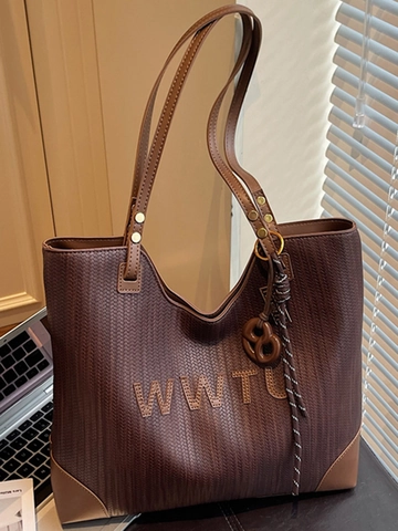 WWTU Webstruktur PU Leder Große Kapazität Tote Bag Für Damen Minimalistisch Patchwork Pendler Schultertasche Mit Anhängern