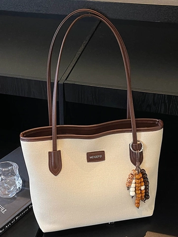 Large Capacity PU Leather Tote Bag Splicing Color Underarm Shoulder Bag With Wooden Beads Charm Simple Fashion Handbag Women