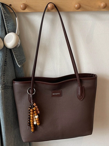 Large Capacity PU Leather Tote Bag Splicing Color Underarm Shoulder Bag With Wooden Beads Charm Simple Fashion Handbag Women