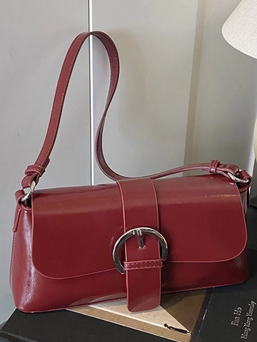 Bolso de Axila Minimalista de Cuero PU para Mujer Bolso de Hombro Retro de Color Sólido Con Hebilla de Metal Redonda Plateada