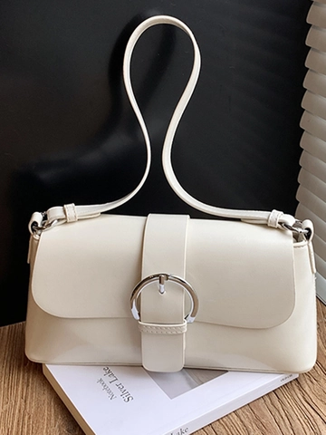 Bolso de Axila Minimalista de Cuero PU para Mujer Bolso de Hombro Retro de Color Sólido Con Hebilla de Metal Redonda Plateada