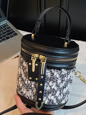 Damen Fashion Patchwork Beuteltasche PU-Leder Lammwollimitat Tweed Zylinder Umhängetasche Crossbody Tote Mit Nieten Gold Reißverschluss