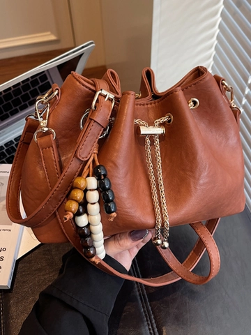 Vintage Beuteltasche Damen Retro PU Leder Schultertasche Mit Kette Perlen Quaste Dekor Umhängetasche Einfache Handtasche
