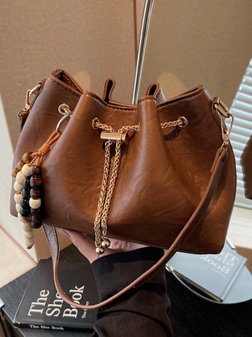 Vintage Beuteltasche Damen Retro PU Leder Schultertasche Mit Kette Perlen Quaste Dekor Umhängetasche Einfache Handtasche