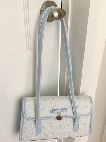 Damen Mode Schleife Achseltasche Pendler Schultertasche PU Handtasche Blau Weiß Spleißen Faltenstruktur Herz Anhänger Tasche