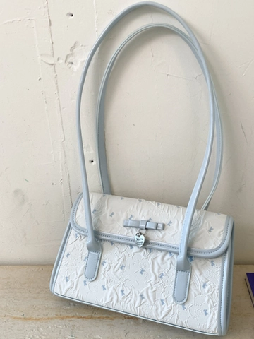 Damen Mode Schleife Achseltasche Pendler Schultertasche PU Handtasche Blau Weiß Spleißen Faltenstruktur Herz Anhänger Tasche