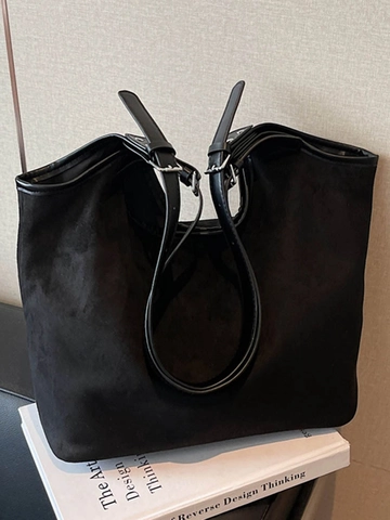 Vintage Women Suede Tote Bag Large Capacity Commuter Shoulder Bag Solid Color Urban Minimalist Fashion Daily Handbag