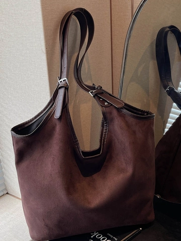 Vintage Women Suede Tote Bag Large Capacity Commuter Shoulder Bag Solid Color Urban Minimalist Fashion Daily Handbag