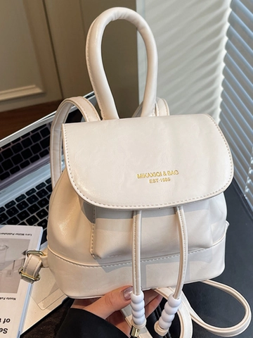 Women Retro College Style PU Leather Mini Backpack Solid Color Drawstring Fashion Shoulder Bag With Artificial Pearl