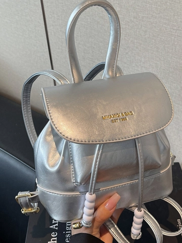 Women Retro College Style PU Leather Mini Backpack Solid Color Drawstring Fashion Shoulder Bag With Artificial Pearl