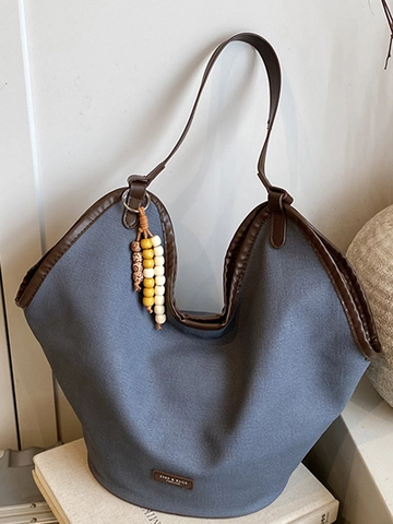 Bolso Tote de Gran Capacidad para Mujer en Lona y Cuero PU Patchwork Bolso de Hombro Casual con Colgante de Cuentas