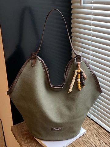 Bolso Tote de Gran Capacidad para Mujer en Lona y Cuero PU Patchwork Bolso de Hombro Casual con Colgante de Cuentas