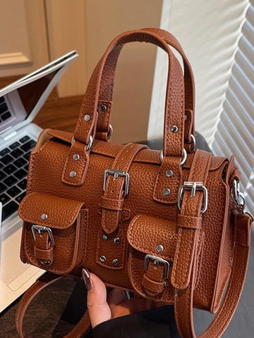 Sac à Main Rétro en Cuir PU Texture Litchi pour Femme Sac à Épaule Multi-poches Boston Satchel Sac de Navette