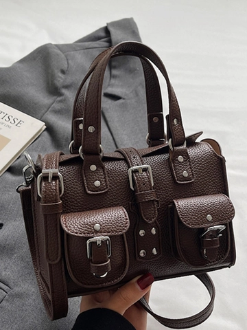 Sac à Main Rétro en Cuir PU Texture Litchi pour Femme Sac à Épaule Multi-poches Boston Satchel Sac de Navette