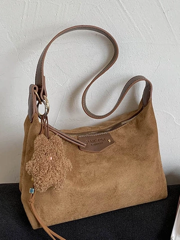 Women Frosted PU Leather Shoulder Bag With Plush Bear Charm Retro Urban Simple Hobo Bag For Daily School Shopping Work
