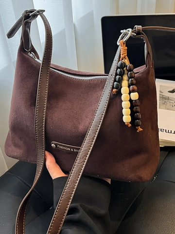 Niche Fashion Women Frosted PU Leather Tote Bag Minimalist Urban Shoulder Bag With Retro Wood Bead Charm Crossbody Purse