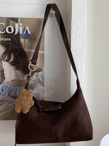 Women Frosted PU Leather Shoulder Bag With Plush Bear Charm Retro Urban Simple Hobo Bag For Daily School Shopping Work