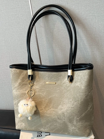 Grand Sac Fourre-tout pour Femmes en Cuir PU Motif de Pierre Sac à Épaule Avec Pendentif en Peluche pour École Bureau