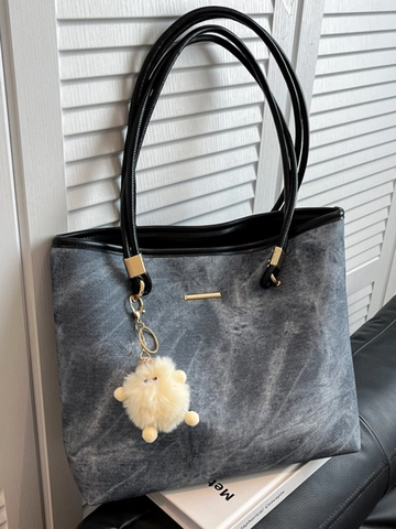 Grand Sac Fourre-tout pour Femmes en Cuir PU Motif de Pierre Sac à Épaule Avec Pendentif en Peluche pour École Bureau