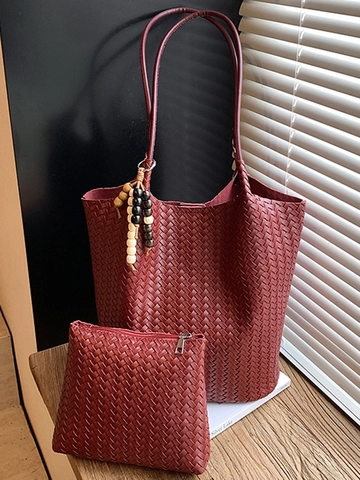 Mode Gewebte Tragetasche Für Damen Große Kapazität PU Leder Achselhöhle Schultertasche Mit Holzperlenanhänger Retro Handtasche