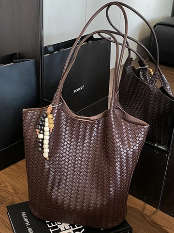 Mode Gewebte Tragetasche Für Damen Große Kapazität PU Leder Achselhöhle Schultertasche Mit Holzperlenanhänger Retro Handtasche