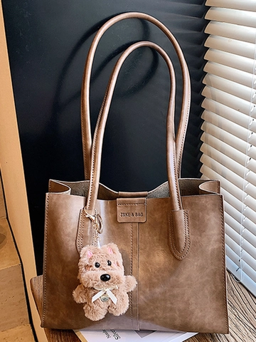 Damen Vintage PU Leder Große Kapazität Tragetasche Minimalistischer Mode Schultertasche Chic Pendeln Handtasche Mit Bär Anhänger