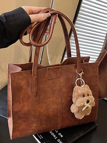 Damen Vintage PU Leder Große Kapazität Tragetasche Minimalistischer Mode Schultertasche Chic Pendeln Handtasche Mit Bär Anhänger