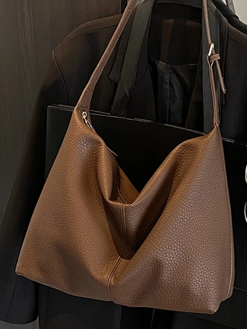 Bolso de Hombro Hobo de Cuero PU para Mujer Gran Capacidad Textura Litchi Color Sólido Bolso de Mano Casual Con Correa Ajustable