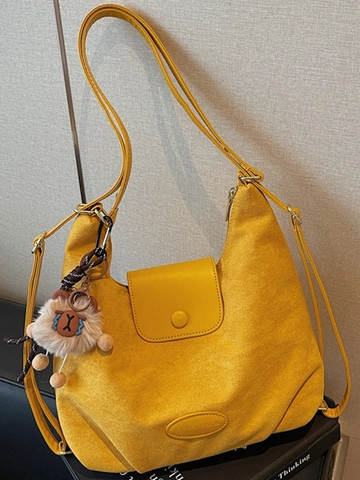 Vintage Wildleder Schultertasche Große Kapazität Spleißen Tragetasche Mit Plüsch Anhänger Retro Mode Lässige Handtasche Für Damen