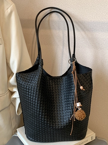 Large Capacity Woven PU Leather Tote Bag For Women Vintage Solid Color Bucket Shoulder Bag With Pompom Charm Commuter Handbag
