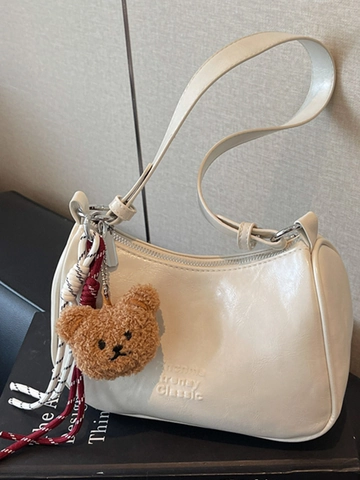 Vintage PU Leather Underarm Bag For Women Glossy Minimalist Half Moon Shoulder Bag Korean Style Solid Color Handbag With Bear Pendant