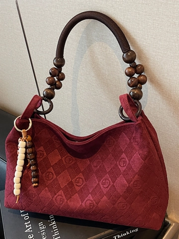 Vintage Damen PU Hobo Umhängetasche Geprägtes Rautenmuster Große Kapazität Achseltasche Mit Holzperlengurt Pendler Handtasche