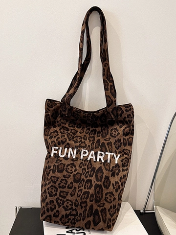 Fashion Leopard Print Suede Tote Bag For Women Large Capacity Shoulder Bag With Fun Party Letter Print Casual Shopper Bag